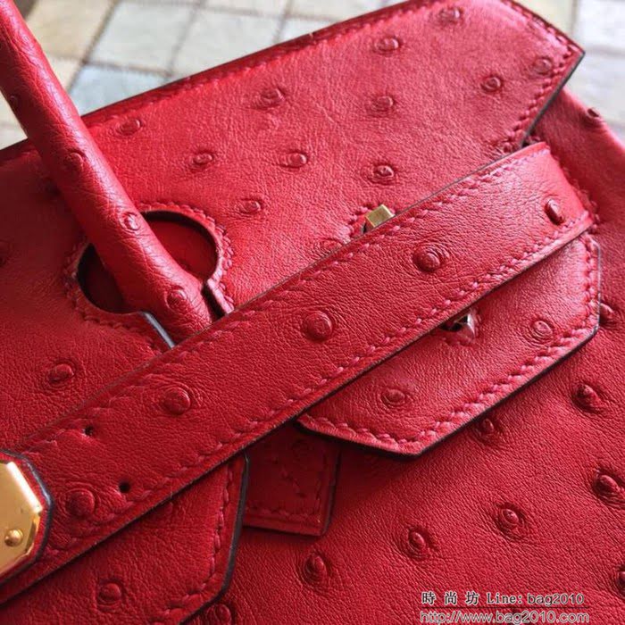 HERMES愛馬仕 鉑金包 Birkin 30 南非原產KK級鴕鳥皮 頂級工藝 中國紅 手縫蠟線 手提包  Ama1235